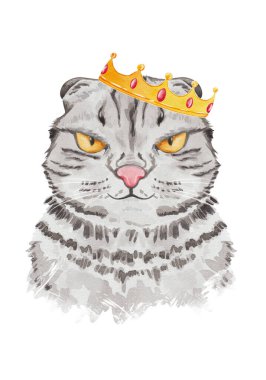 Komik kedi kral portresi. Suluboya el çizimi kedi çizimi serisi