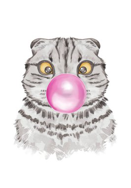 Sakız üfleyen komik kedi. Suluboya el çizimi kedi çizimi serisi