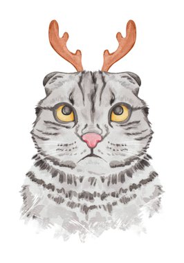 Boynuzlu komik kedi. Suluboya el çizimi kedi çizimi serisi