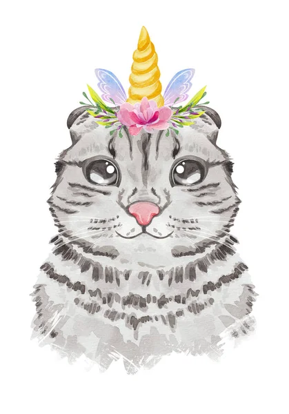 고양이 유니콘 초상이다 수채화가 그려진 고양이 시리즈 — 스톡 사진