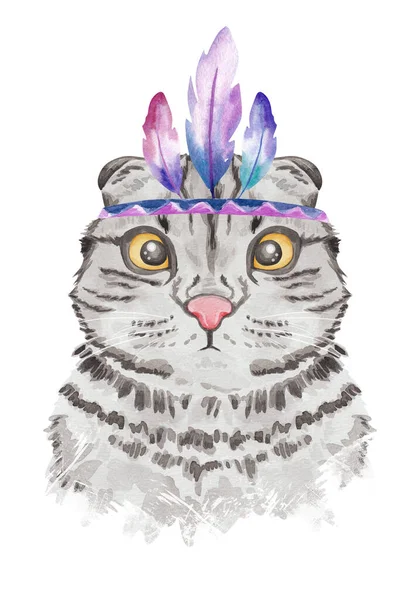 Divertido Retrato Gato Indio Americano Acuarela Dibujado Mano Gato Ilustración — Foto de Stock
