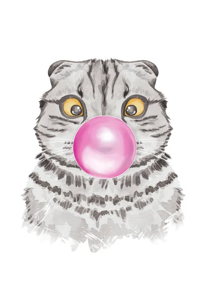 Lustigt Katttuggummi Vattenfärg Hand Dras Katt Illustration Serie — Stockfoto