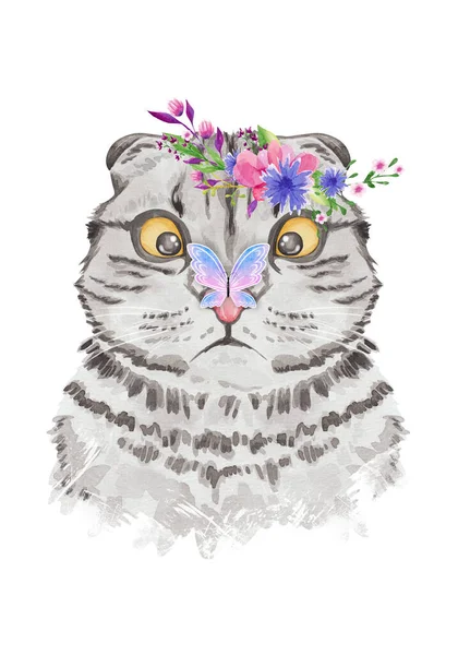 화환을 귀여운 고양이와 나비가 수채화가 그려진 고양이 시리즈 — 스톡 사진
