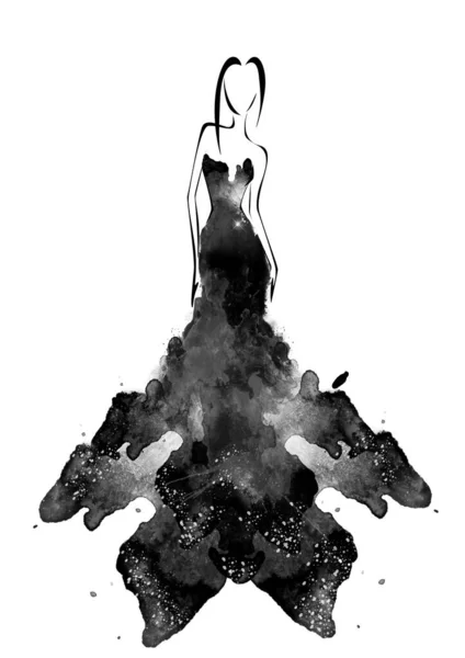水彩画模特穿黑色连衣裙的轮廓 时尚水彩画 — 图库照片