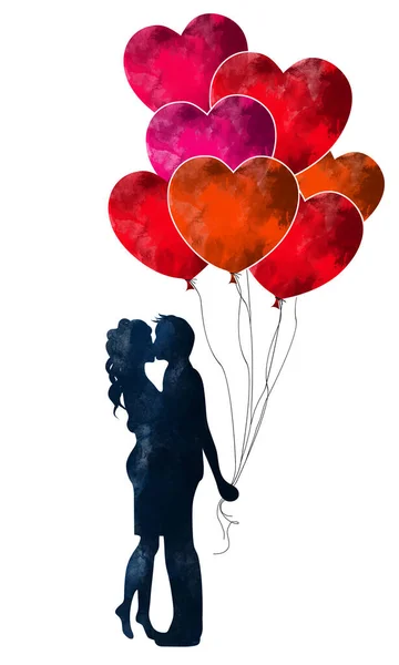 Mencium Pasangan Siluet Dengan Balon Berbentuk Hati Latar Belakang Valentines — Stok Foto