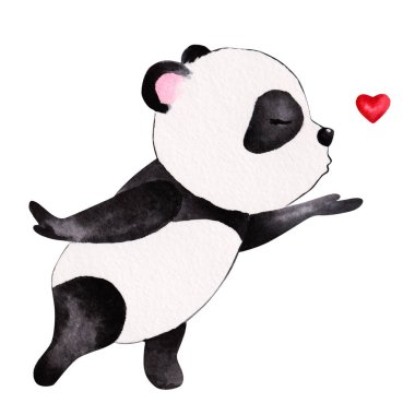 Tatlı suluboya panda sana öpücük yolluyor. El çizimi illüstrasyon, çocuk ya da bebek gömleği tasarımı, moda deseni için kullanılabilir. Sevgililer Günün kutlu olsun.