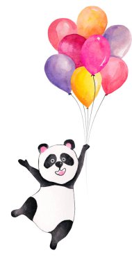 Balonlu tatlı suluboya panda. El çizimi illüstrasyon, çocuk ya da bebek gömleği tasarımı, moda deseni için kullanılabilir. Doğum günün kutlu olsun.