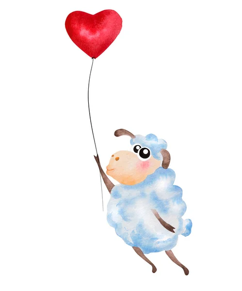 Υδατογραφία Χαριτωμένο Καρτούν Πρόβατα Που Φέρουν Κόκκινο Μπαλόνι Αέρα Χειροποίητη — Φωτογραφία Αρχείου