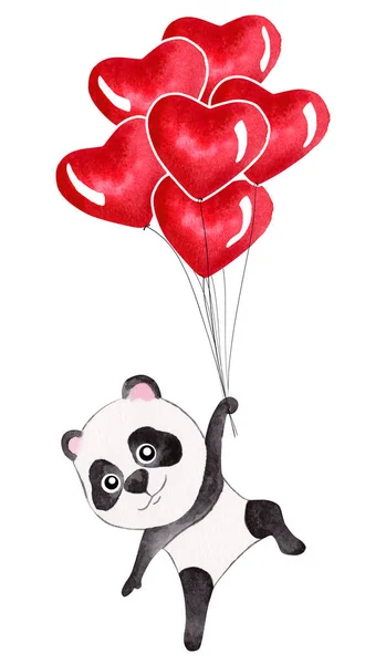 Söt Akvarell Panda Flyger Med Ballonger Handritad Illustration Kan Användas — Stockfoto