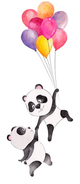 Söta Akvarell Par Pandor Flyger Med Ballonger Handritad Illustration Kan — Stockfoto