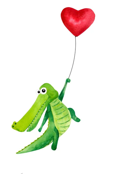 Χαριτωμένο Κροκόδειλο Ακουαρέλα Που Φέρουν Μπαλόνι Χειροποίητη Απεικόνιση Μπορεί Χρησιμοποιηθεί — Φωτογραφία Αρχείου