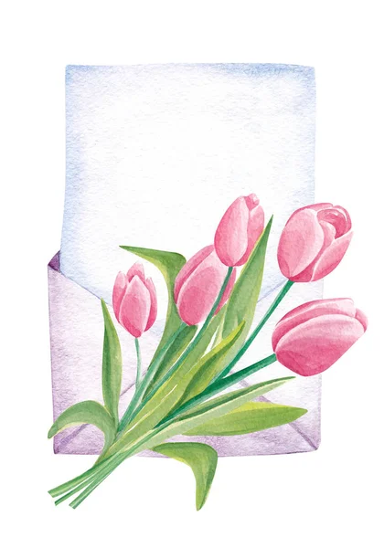 Envelope Aquarela Desenhado Mão Com Flores Tulipas Isoladas Fundo Branco — Fotografia de Stock