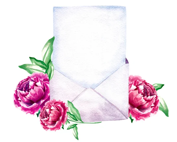 Envelope Aquarela Desenhado Mão Com Flores Peônia — Fotografia de Stock