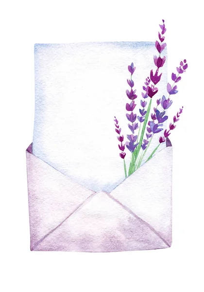 Envelope Aquarela Desenhado Mão Com Flores Lavanda — Fotografia de Stock