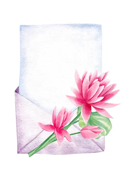 Envelope Aquarela Desenhado Mão Com Flor Lótus — Fotografia de Stock