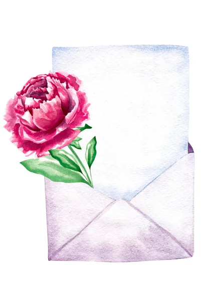 Envelope Aquarela Desenhado Mão Com Flor Peônia Isolada Fundo Branco — Fotografia de Stock
