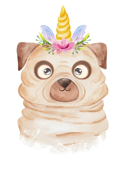 Funny Pug Dog Unicorn Portrait Watercolor Hand Drawn Pug Dog — Stock Photo, Image