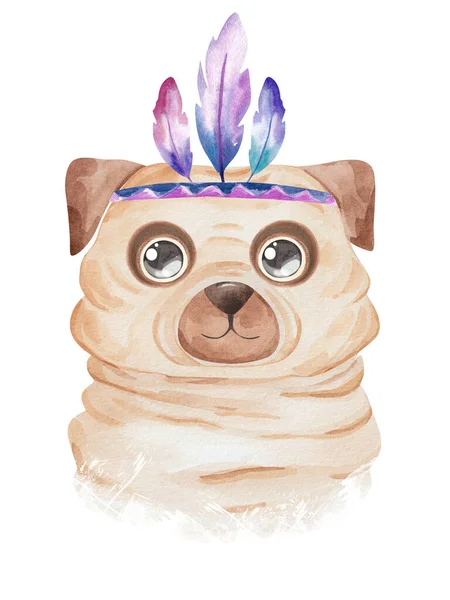 Vtipný Americký Portrét Indiána Puga Akvarel Ručně Kreslený Pug Pes — Stock fotografie