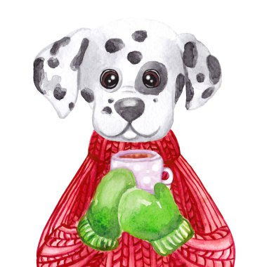 Süveter giymiş suluboya Dalmaçyalı bir köpek. Köpeğin Çin Yeni Yılı. Noel tebrik kartı.