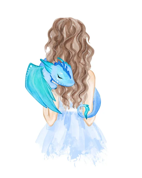 Une Fille Tenant Petit Dragon Illustration Aquarelle Dessinée Main — Photo