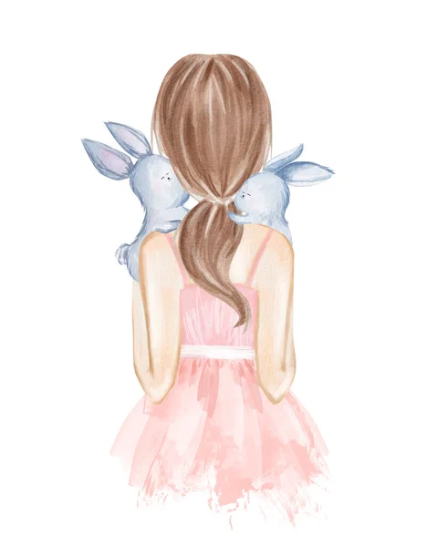 Dziewczynka Trzymająca Króliczki Ręcznie Rysowane Ilustracja Akwarela — Zdjęcie stockowe
