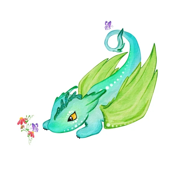 Маленький Зеленый Дракон Ручная Рисованная Акварель — стоковое фото