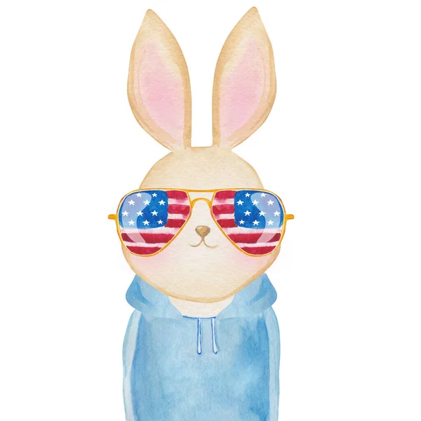 Niedliches Aquarell Häschen Sonnenbrille Mit Usa Flaggen Print — Stockfoto