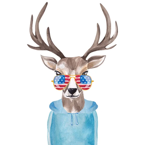 Cute Watercolor Deer Sunglasses Usa Flag Print — Stock Photo, Image