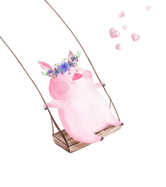 Hand drawn watercolor pig on the swing