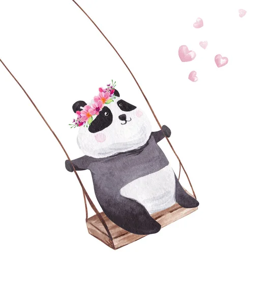 Panda Acquerello Disegnato Mano Sull Altalena — Foto Stock