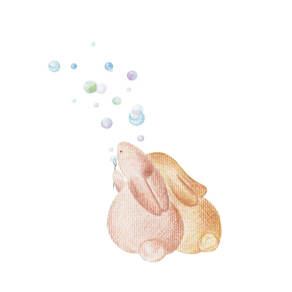 Cute Rabbits Blowing Bubbles Hand Drawn Pencil Drawing — Stock Photo, Image