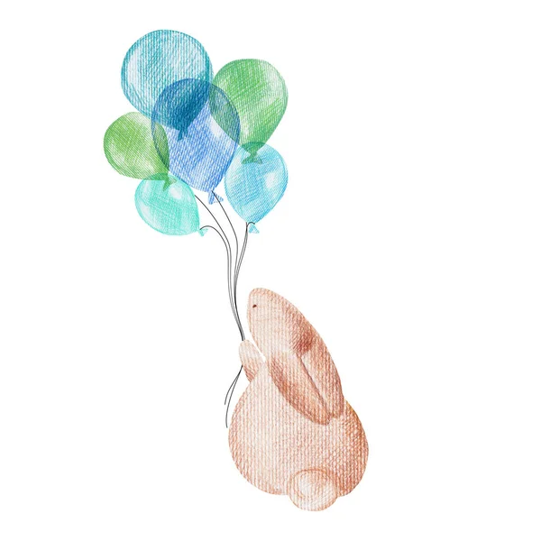 Cute Rabbit Holding Balloons Hand Drawn Pencil Drawing — Stock Photo, Image