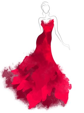 Güzel kırmızı elbiseli bir model silueti. Moda dijital suluboya çizimi