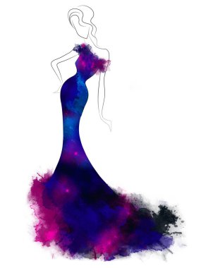 Güzel bir kozmik elbiseyle model bir siluet çizmek. Moda dijital suluboya çizimi