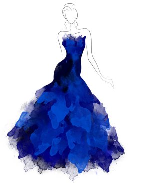 Koyu mavi elbiseyle model bir siluet çizdim. Moda dijital suluboya çizimi