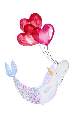 Tatlı suluboya tek boynuzlu at denizkızı. Kocaman kırmızı kalp şeklinde balonları var.
