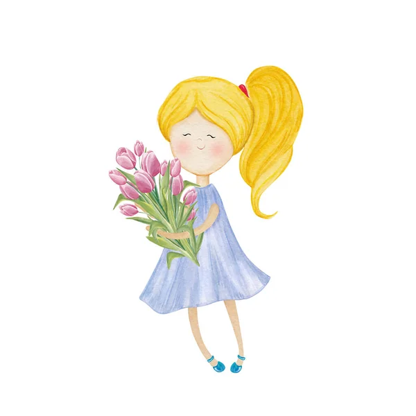 Симпатичная Девушка Тюльпанами Ручная Живопись — стоковое фото