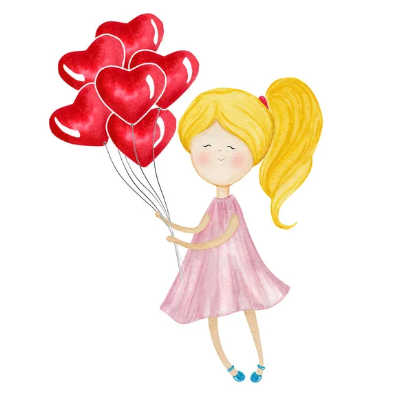 Söt Akvarell Flicka Med Hjärtformade Ballonger Handritad Målning — Stockfoto