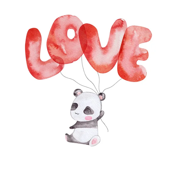 Lindo Oso Panda Volando Con Amor Cartas Globos —  Fotos de Stock