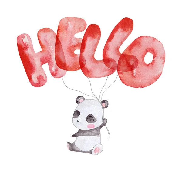 Cute Panda Bear Flying Hello Letters Balloons — Stock fotografie