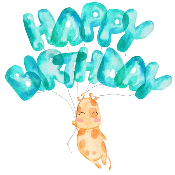 Cute Giraffe Flying Balloons Happy Birthday Letters Balloons — Stock Photo, Image