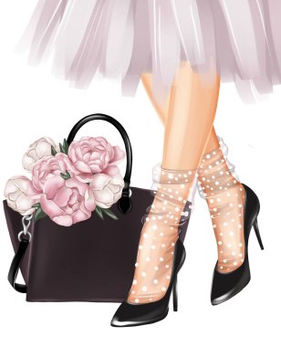 Güzel kız bacakları ve şakayık desenli çanta. El çizimi moda illüstrasyonu