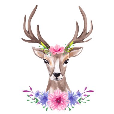 Çiçekli sevimli geyiğin suluboya portresi.