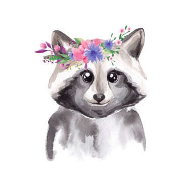 Çiçekli şirin rakunun suluboya portresi.