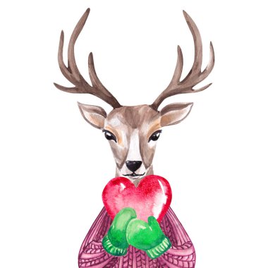 Kazaklı bir geyiğin kalbini taşıyan suluboya portresi. Kış baskısı, çocuk resimleri