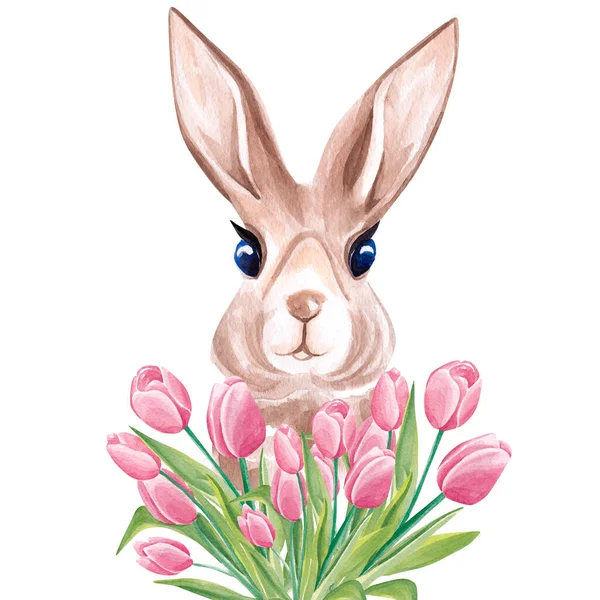 Watercolor Portrait Cute Rabbit Tulips — Stock Photo, Image