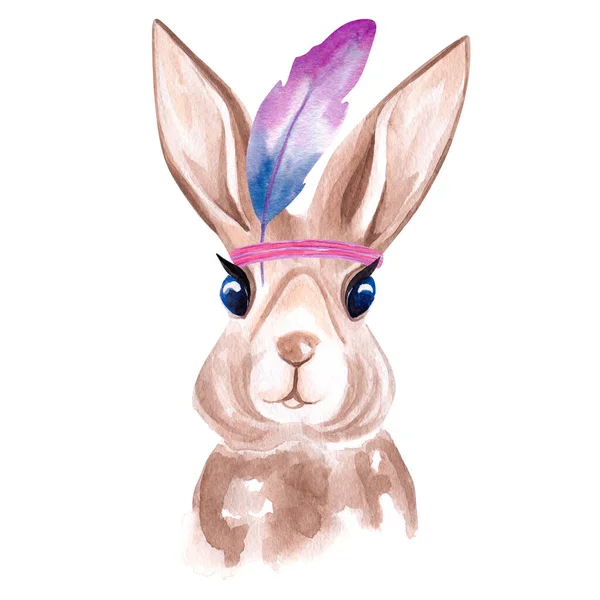 Watercolor Portrait Cute Rabbit Indian Feather Headdress — Stock Photo, Image