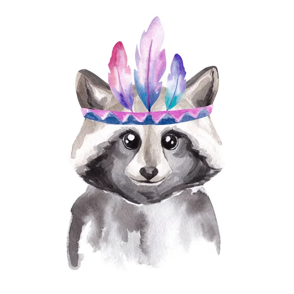 Watercolor Portrait Cute Raccoon Indian Feather Headdress — Stock Photo, Image