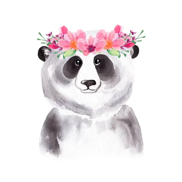 花の花輪でかわいいパンダの水彩画の肖像画 — ストック写真