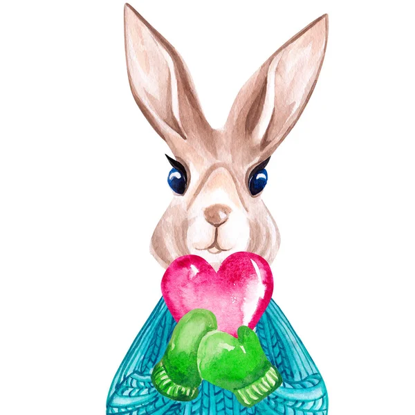 Watercolor Portrait Rabbit Sweater Holding Heart Winter Print Children Illustration — Stock Photo, Image